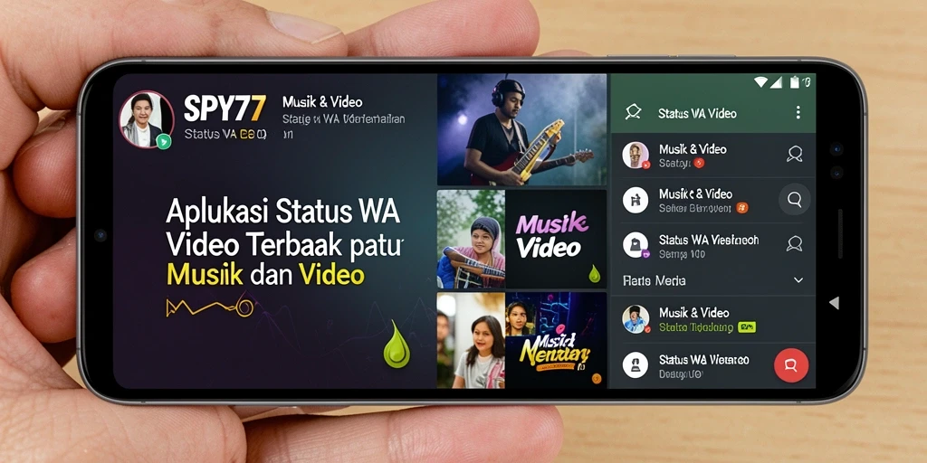 Antarmuka SPY77 dengan pilihan video status menarik.